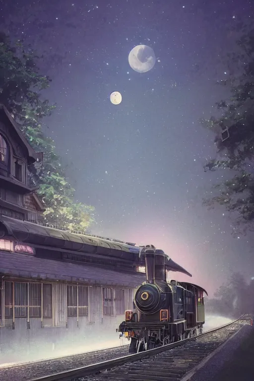 Prompt: a highly detailed matte painting of a steam train entering station under crescent moon and stars by studio ghibli, makoto shinkai, by artgerm, by wlop, by greg rutkowski, volumetric lighting, octane render, 4 k resolution, trending on artstation, masterpiece