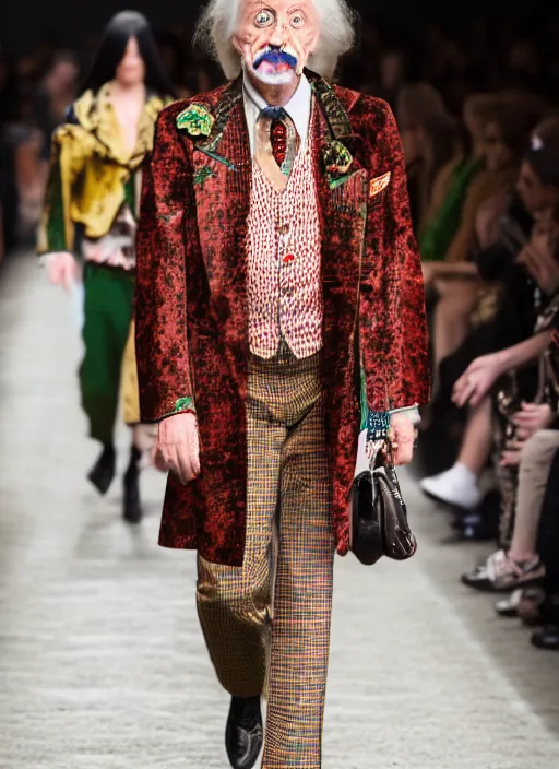 Image similar to hyperrealistic and heavy detailed gucci runway show of albert einstein, leica sl 2 5 0 mm, vivid color, high quality, high textured, real life