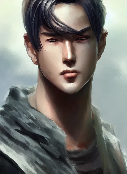 Image similar to detailed beautiful male character art of a protagonist, depth of field, on amino, by sakimichan patreon, wlop, weibo, lofter. com high quality art on artstation.
