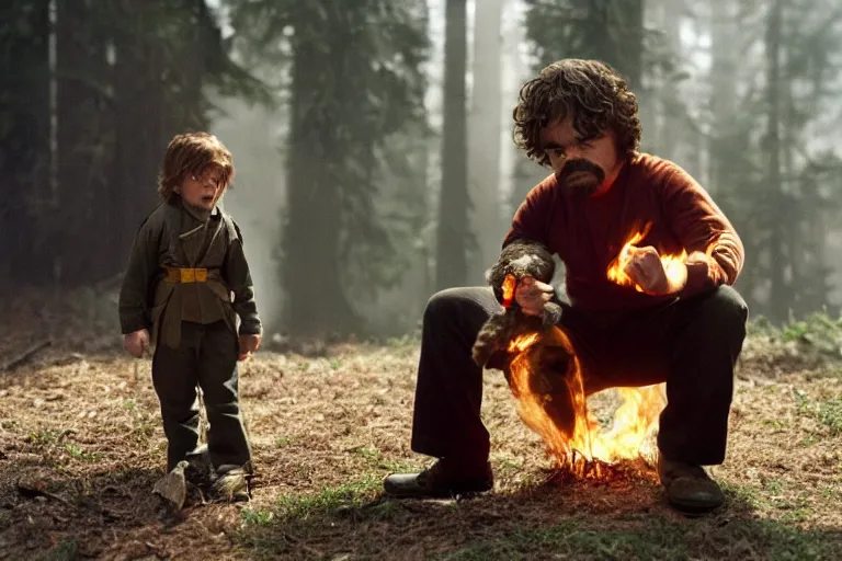 Prompt: peter dinklage holding a flare fighting smokey the bear, movie still, from the new sleepaway camp movie, 8 k, realistic