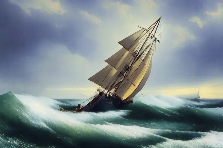 Image similar to a beautiful yacht with full sail’s, sunny day with puffy clouds and heavy waves, low camera angle, in style of Aivazovsky, epic lighting, ultra realistic, 4k, hyper details, cinematic, sharp edges,