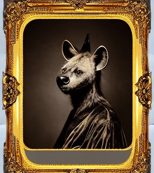 Image similar to professional studio photo portrait of anthro anthropomorphic spotted hyena head animal person fursona smug smiling wearing elaborate pompous royal king robes clothes gold frame by Louis Daguerre daguerreotype tintype