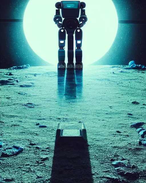 Image similar to a robot standing in front of a glowy open door that's on a barren moon, poster art by mike winkelmann, trending on cg society, space art, sci - fi, ue 5, futuristic, volumetric lighting, light casting onto the ground, neat composition and camera angle