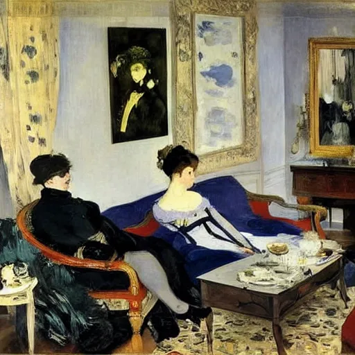 Image similar to a modern woman in a living room, Edouard Manet, painting,