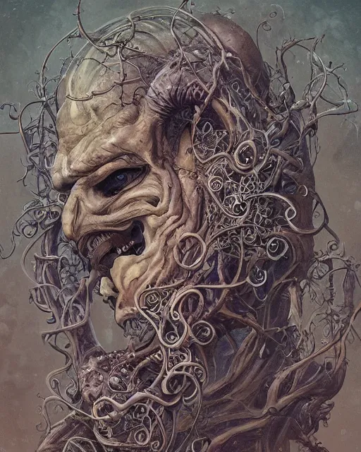 Image similar to centered beautiful detailed side view profile portrait of a insane old man, ornate tentacles growing around, ornamentation, thorns, vines, tentacles, elegant, beautifully soft lit, full frame, by wayne barlowe, peter mohrbacher, kelly mckernan, h r giger