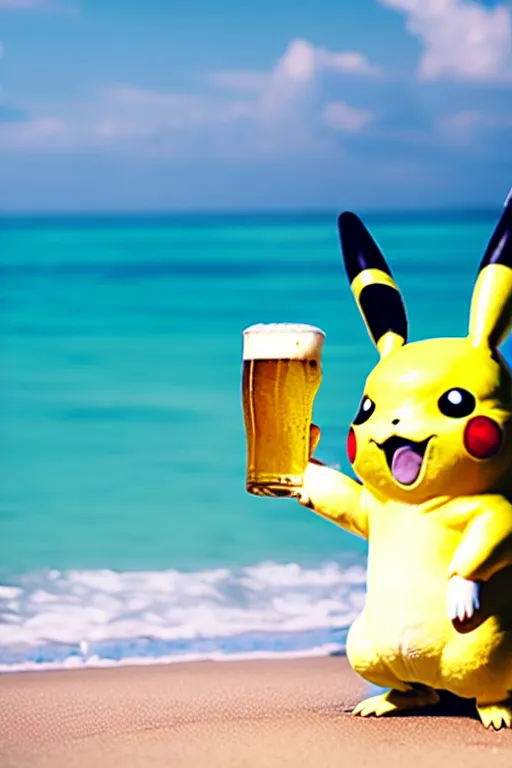 Image similar to pikachu drinking a beer on the beach