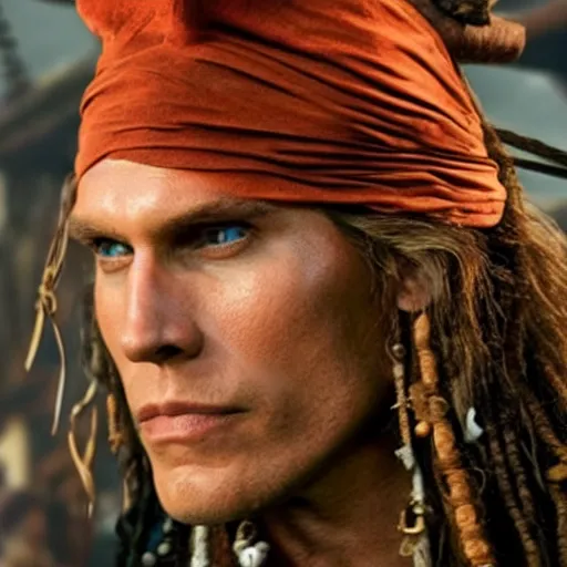 Image similar to Live Action Still of Jerma as a pirate in Pirates of the Caribbean, real life, hyperrealistic, ultra realistic, realistic, highly detailed, epic, HD quality, 8k resolution, body and headshot, film still