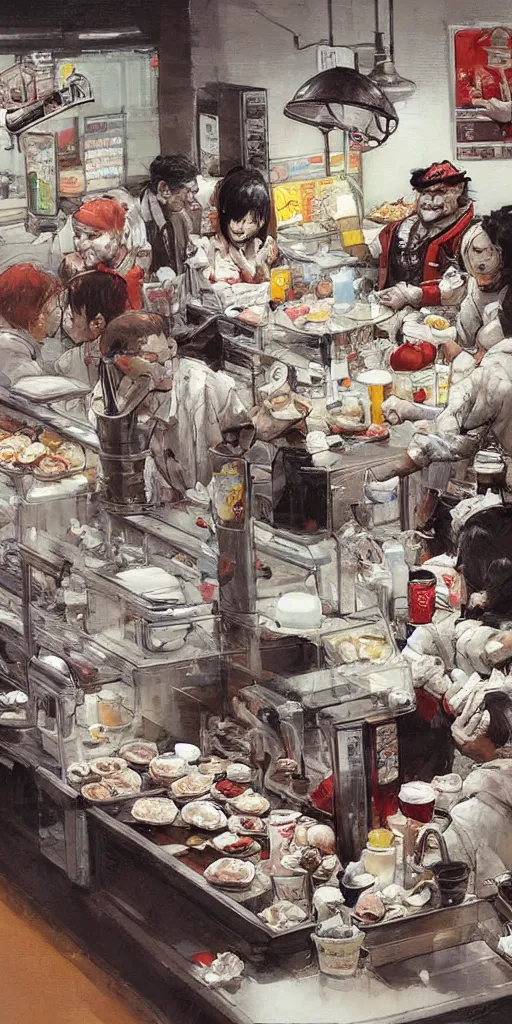 Image similar to oil painting scene from mcdonalds by kim jung gi