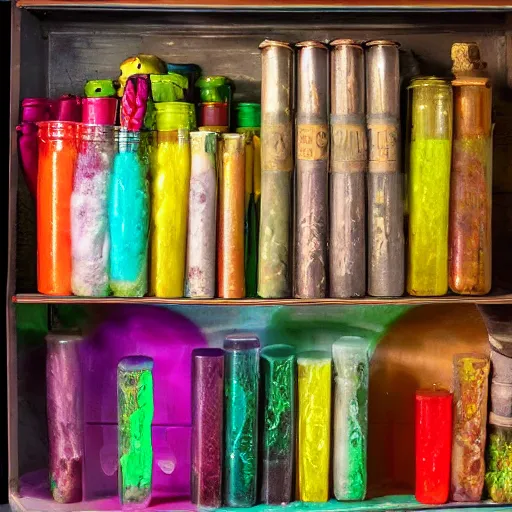 Prompt: cabinet of curiosities full of multicolored slime