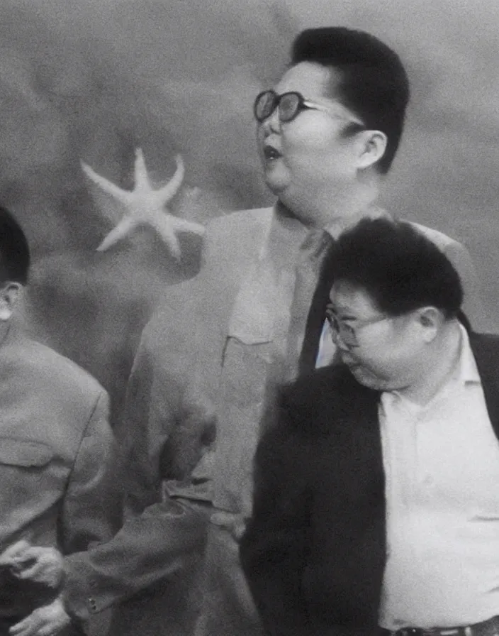 Image similar to very low - resolution found footage of kim jong - il and a starfish kaiju monster, fog, foggy, korean film noir, monochrome, red hue, thriller, underdeveloped, epic, dramatic