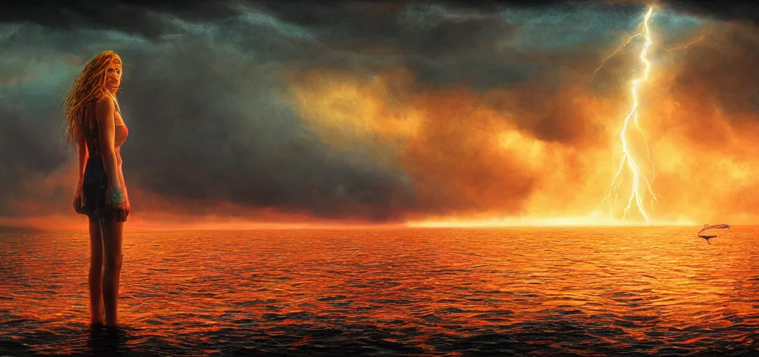 Image similar to aerial painting of a giant beautiful female, standing in the middle of the ocean, the sky is on fire. neill blomkamp cinematography, atmospheric lightning, godray, concept art, in the style of bob byerley, 8 k high details