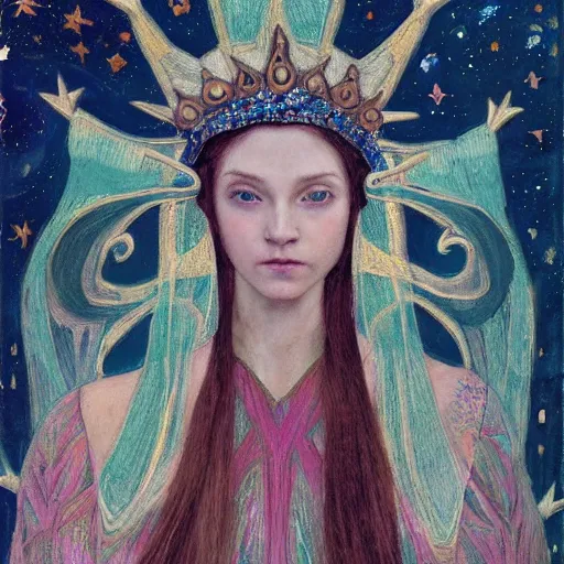 Image similar to the night crown, by Annie Swynnerton and Alayna Danner, embroidered robes, starry tattoos, elaborate costume, geometric ornament, symbolist, soft colors, dramatic lighting, smooth, sharp focus, extremely detailed