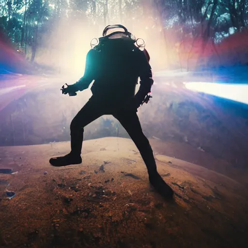 Image similar to spacesuit thom yorke singer songwriter walking in a forest, spacesuit filling up with water, waterline refractions, anamorphic lens flare, beautiful blueish eyes, eyes reflecting into eyes reflecting into infinity, spherical tiny round eye pupils, eyes reflecting into eyes reflecting into infinity, dramatic lighting