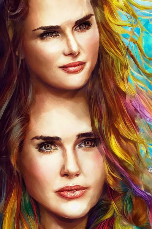 Image similar to portrait of a mix of beautiful young maria shriver, mariel hemmingway, brooke shields, nicole kidman and elle macpherson as a mermaid, thin lips, hair tied up in a pony tail, colorful artstation, cgsociety