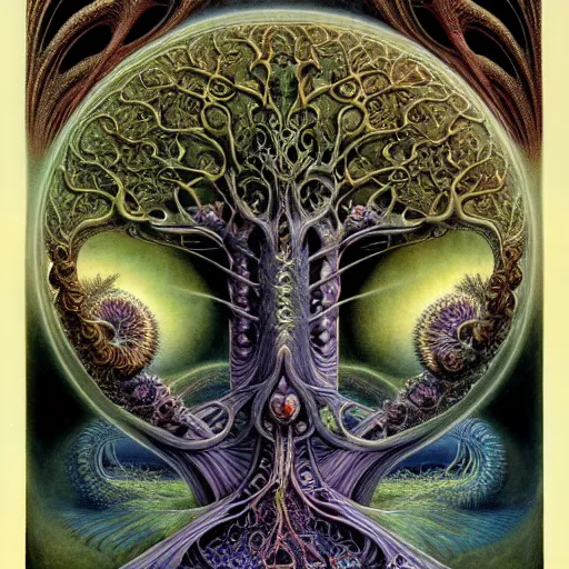 Image similar to divine chaos engine by roger dean and andrew ferez, art forms of nature by ernst haeckel, tree of life, symbolist, visionary, art nouveau, botanical organic fractal structures, surreality, detailed, realistic, deep rich moody colors