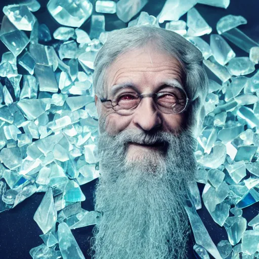 Prompt: old wizard surrounded by crystal shards, 8 k photography