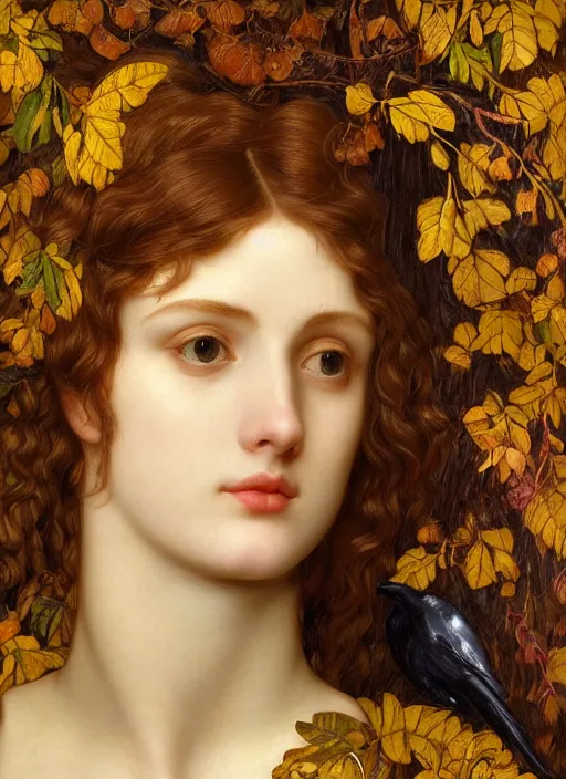 Image similar to masterpiece beautiful seductive flowing curves preraphaelite face portrait amongst leaves, extreme close up shot, straight bangs, thick set features, yellow ochre ornate medieval dress, raven, laying amongst foliage mushroom forest circle arch, frederic leighton and kilian eng and rosetti, 4 k