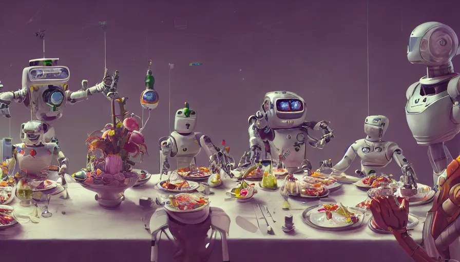 Image similar to a table dinner of robots where robots are dressed like the characters from the midsommar movie, cinematic, hyperdetailed, octane render, trending on art station, ultrarealistic