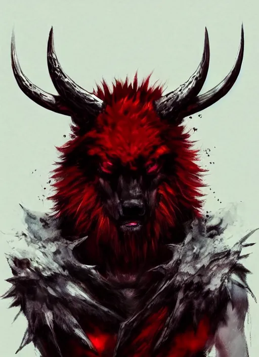 Image similar to A horned bear spirit with red fur. In style of Yoji Shinkawa and Hyung-tae Kim, trending on ArtStation, dark fantasy, great composition, concept art, highly detailed.