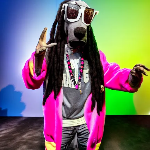 Image similar to snoop dog wearing a fursuit without the head mask at a furry convention, 4 k flash photography