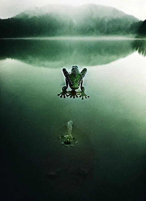 Image similar to “smiling frog vertically hovering over misty lake waters in jesus christ pose, low angle, long cinematic shot by Andrei Tarkovsky, paranormal, eerie, mystical”