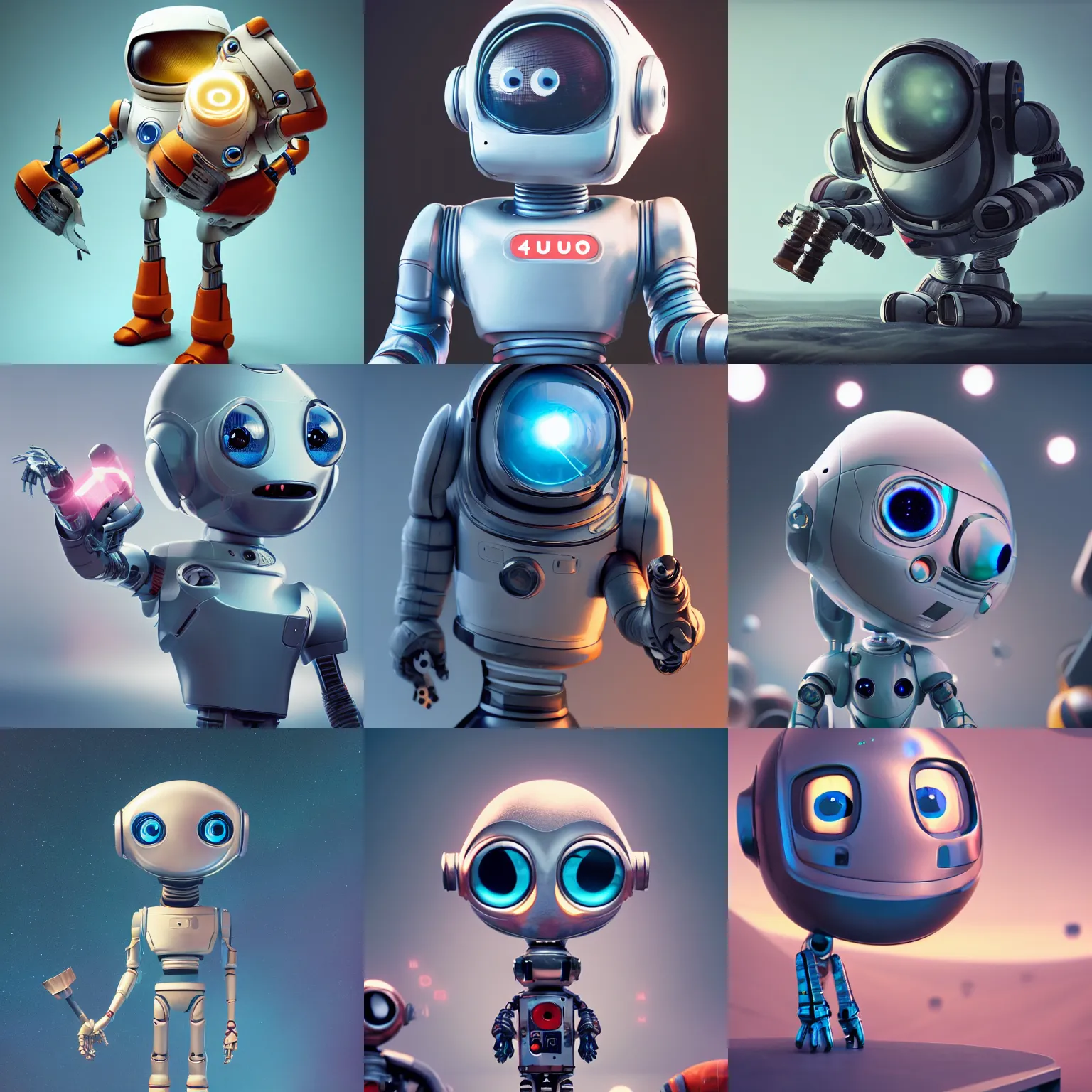 Prompt: cute space robot holding big artist tools. big head, high detail, beautiful light, depth of field, sharp focus, clean design, pixar, 4 k, octane render