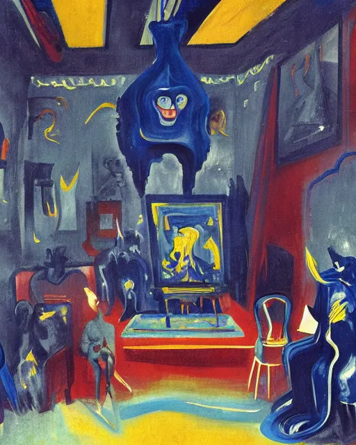 Image similar to blue people and a dark figure seated on a throne with clouds at red and yellow art deco interior room in the styleof Francis Bacon and Chaïm Soutine, open ceiling, highly detailed, painted by Francis Bacon and Edward Hopper, painted by James Gilleard, surrealism, airbrush, art by JamesJean