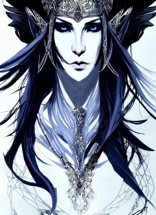 Image similar to Full body portrait of a beautiful elven queen with menacing look with long black hair wearing black and dark blue attire, silver crown. In style of Yoji Shinkawa and Hyung-tae Kim, trending on ArtStation, dark fantasy, great composition, concept art, highly detailed, dynamic pose.
