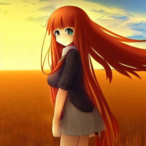 Prompt: Holo from Spice and Wolf standing in a wheat field at sunset, Holo is a wolf girl, high detail, trending on pixiv