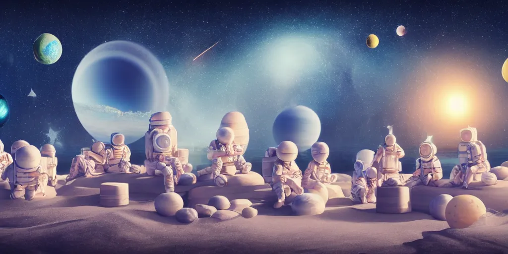 Image similar to twelve astronauts sitting by the river with a big holiday cake + octane render + planets and stars + mystical fog, super detail, high quality