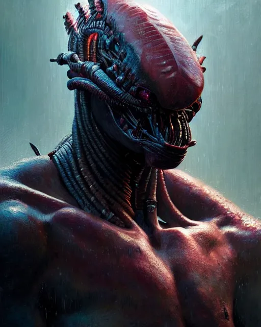 Prompt: a portrait of the predator fantasy character portrait, ultra realistic, cinematic, concept art, wide angle, intricate details, hologram, highly detailed by greg rutkowski, wayne barlowe,