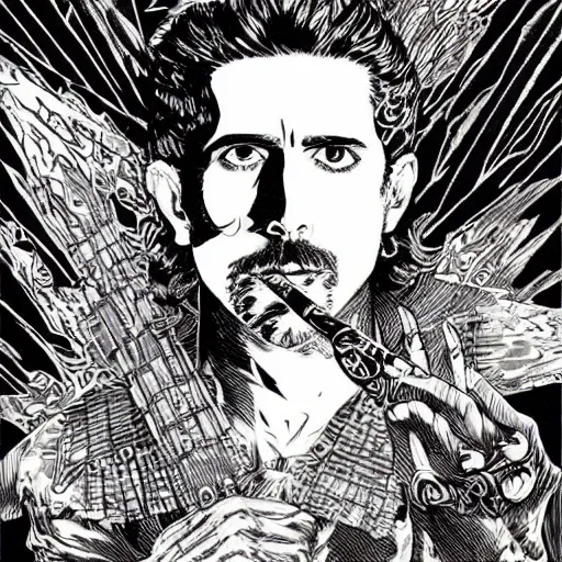 Image similar to pen and ink!!!! attractive 22 year old deus ex Frank Zappa x Ryan Gosling golden!!!! Vagabond!!!! floating magic swordsman!!!! glides through a beautiful battlefield magic the gathering dramatic esoteric!!!!!! pen and ink!!!!! illustrated in high detail!!!!!!!! by Hiroya Oku!!!!!!!!! Written by Wes Anderson graphic novel published on Cartoon Network MTG!!! 2049 award winning!!!! full body portrait!!!!! action exposition manga panel