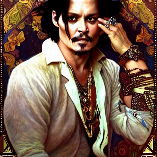 Image similar to full portrait of johnny depp as ace ventura, fantasy, d & d, intricate, detailed, by by alphonse mucha, adolfo hohenstein, alice russell glenny, stanley artgerm lau, greg rutkowski, detailed, trending on artstation, trending on artstation, smooth