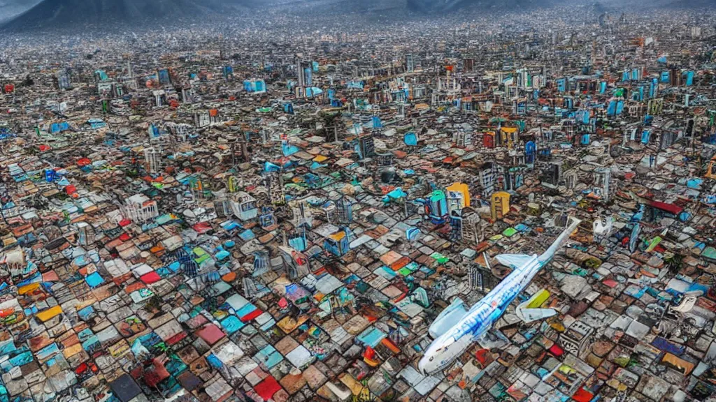 Image similar to remarkable airplane view of a cyberpunk mayan city in guatemala and it is graced by a huge sacred futuristic cyberpunk temple