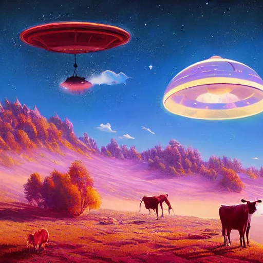 Image similar to ufo over the cow, Bright colors, fantastic landscape, hyperrealism, no blur, 4k resolution, ultra detailed, style of Anton Fadeev, Ivan Shishkin, John Berkey