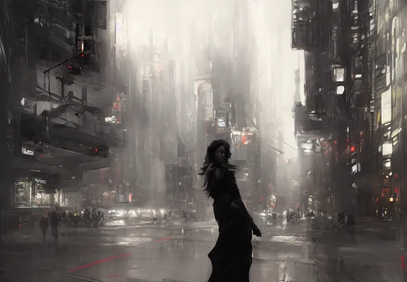 Prompt: painting of the figure of a woman in an urban scenery, high contrast, concept art, city, dramatic lighting, digital art, 8 k, extremely detailed, drawn by ruan jia