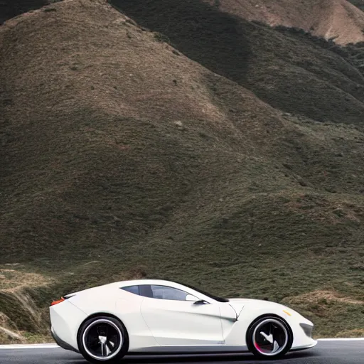 Image similar to a dslr photograph of a white ferrari concept racing along the pacific coast highway, ocean in the background, 8 k,