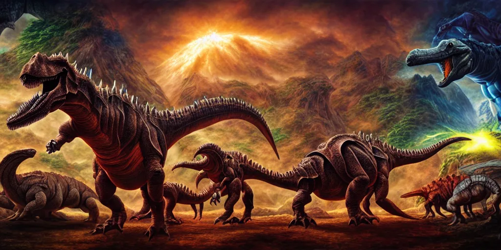 Prompt: hyper detailed ultra sharp of a metalheads riding dinosaurs in the space jungle, boris vallejo style, lord of the rings, a glowing aura, global illumination, ray tracing, hdr, 8 k