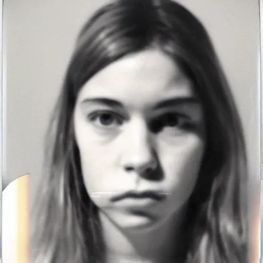 Prompt: Mugshot Portrait of Coucou Chloe, taken in the 1970s, photo taken on a 1970s polaroid camera, grainy, real life, hyperrealistic, ultra realistic, realistic, highly detailed, epic, HD quality, 8k resolution, body and headshot, film still, front facing, front view, headshot and bodyshot, detailed face, very detailed face