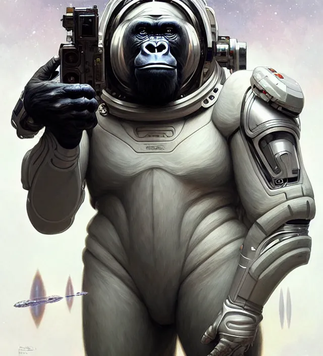 Prompt: a highly detailed science-fiction character portrait of a serious gorilla wearing a white armored space suit, intricate, wild, digital painting, artstation, concept art, smooth, sharp focus, illustration, art by artgerm and greg rutkowski and alphonse mucha, Art Nouveau