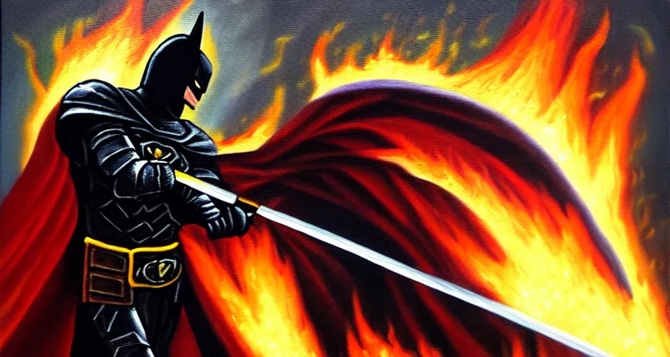 Image similar to An oil painting of a dark knight wielding a flaming sword