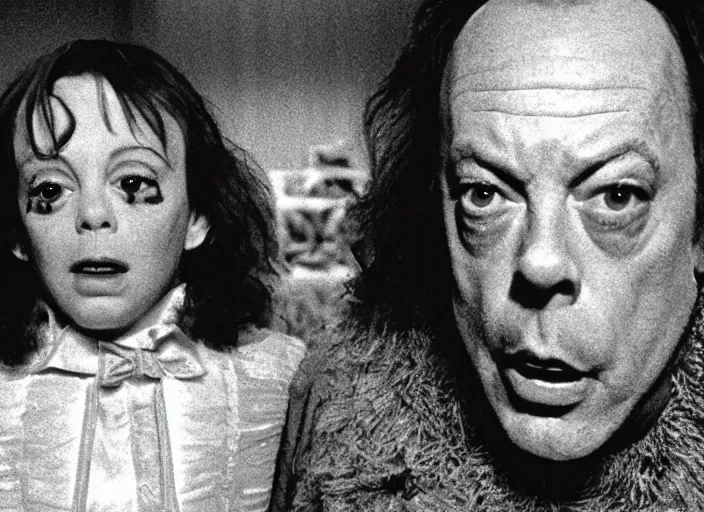 Image similar to a scene from The Shining with Tim Curry