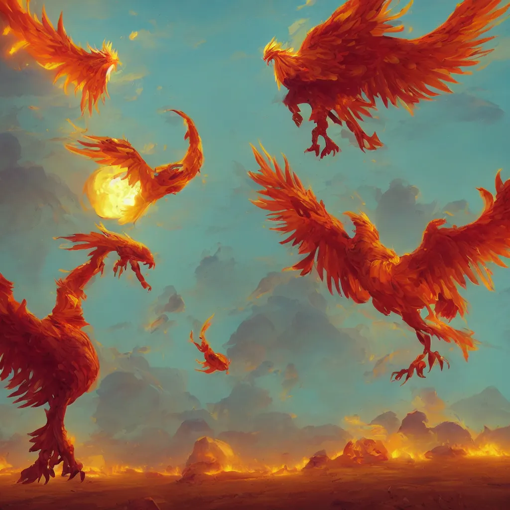 Image similar to art of a phoenix from dota 2. when the time is right, it can become a burning sun before unleashing a stunning detonation that also restores phoenix to full strength. art by simon stalenhag