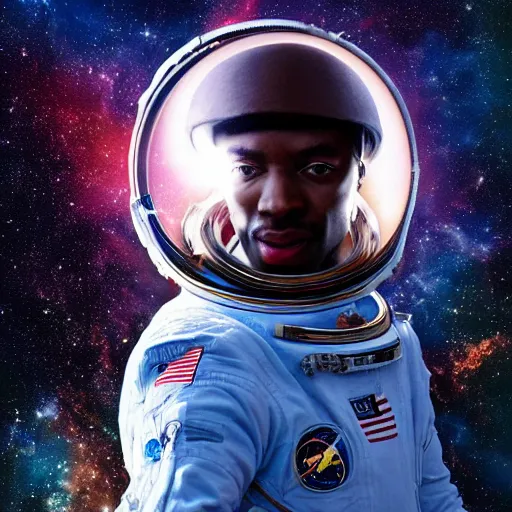 Image similar to a portrait of an african astronaut in the space with nebulae, realistic painting, high definition, digital art, matte painting, very detailed, realistic