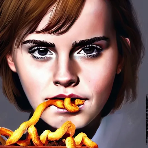 Image similar to portrait of emma watson eating a bowl of worms, trending on artstation