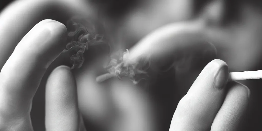 Image similar to Close-up of soft hand holding cigarette with smoke, hyper realistic photo, 4K