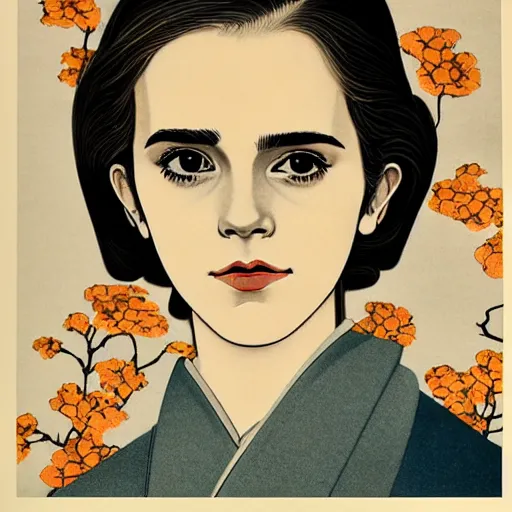 Image similar to emma watson portrait by ikenaga yasunari and ayana otake and ko rakusui, 6 0 s poster, drawing, realistic, sharp focus, japanese, dreamy, nostalgia, faded, golden hues, floral clothes