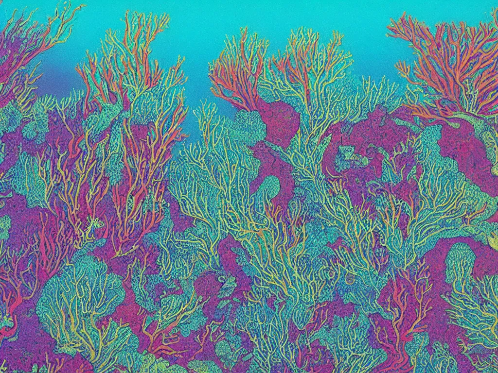 Image similar to Beautiful 1976 psychedelic textbook illustration of underwater coral seascape, highly detailed, 8k