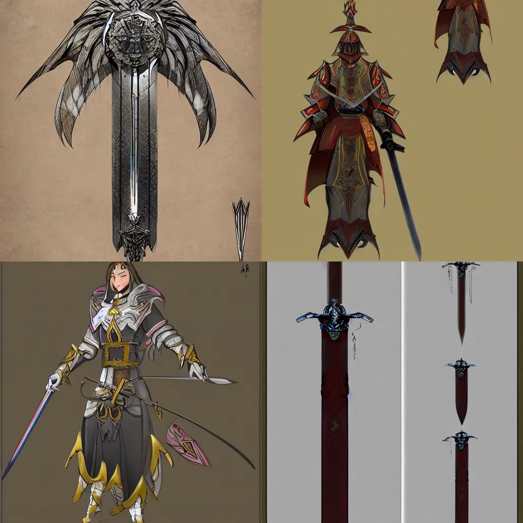 Prompt: concept art of a sword called the Sword of the Seraphim in the style of Feng Zhu