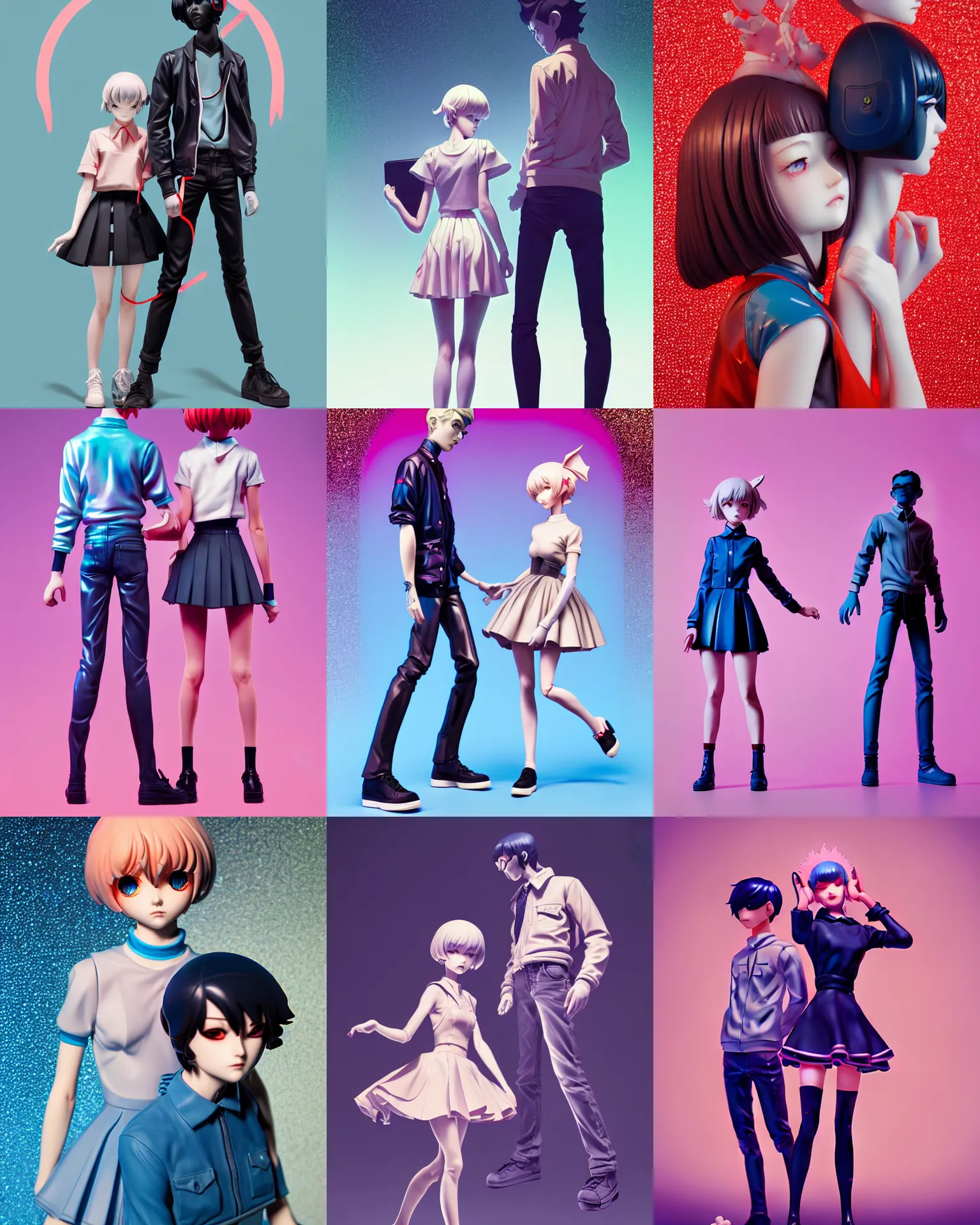 Prompt: james jean and ilya kuvshinov isolated vinyl figure high school girl boy, expert figure photography, expert moving dynamic pose, interesting color palette material effects, glitter accents on figure, anime stylized, accurate proportions artgerm realism, high delicate defined details, holographic undertones, ethereal lighting, octane render, editorial awarded design